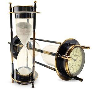 Antique Brass Compass Hourglass Nautical Maritime Sand Timer Desk Clock Decor
